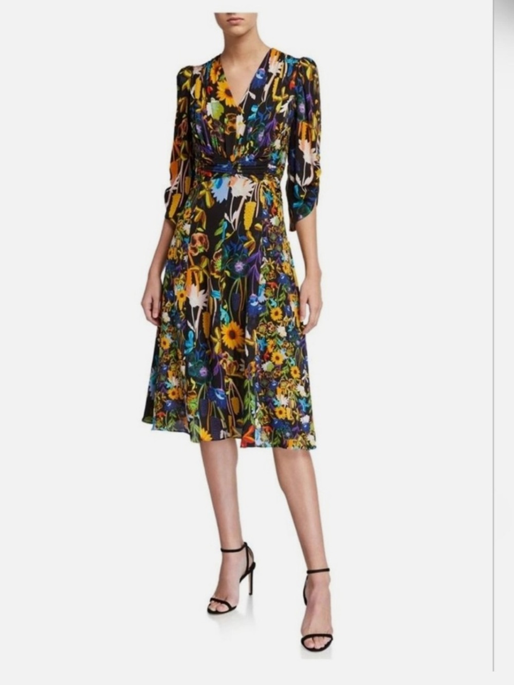 NWT Ronny Kobo Collection Kailyn Black Floral V-Neck Midi Dress